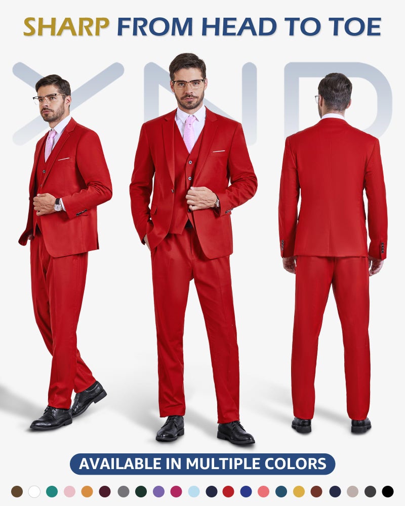 YND Men's 3 Piece Slim Fit Suit, One Button Solid Jacket Vest Pants Set with Tie, for Wedding Party Proms and Business, Red - Image 2